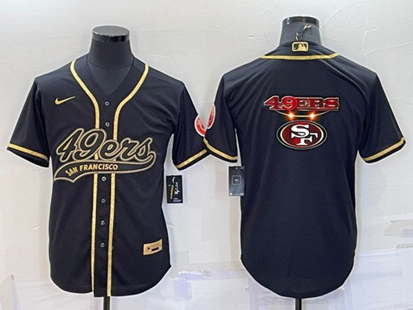 Men's San Francisco 49ers Black Gold Team Big Logo With Patch Cool Base Stitched Baseball Jersey - Click Image to Close